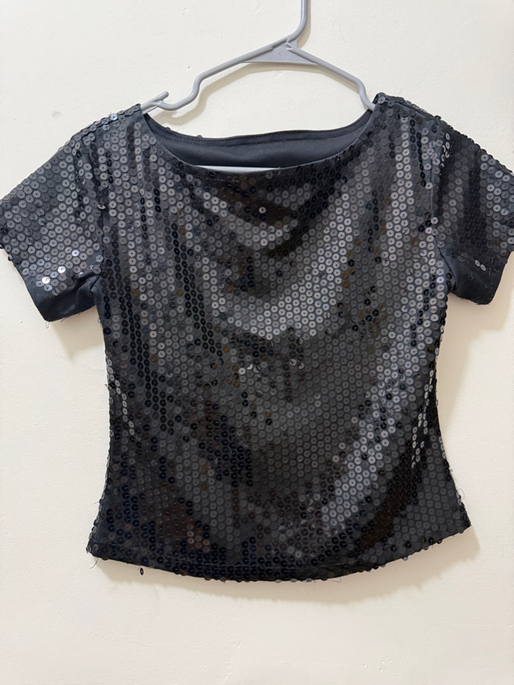 Black Sequin Short-Sleeve Scoop Neck Top